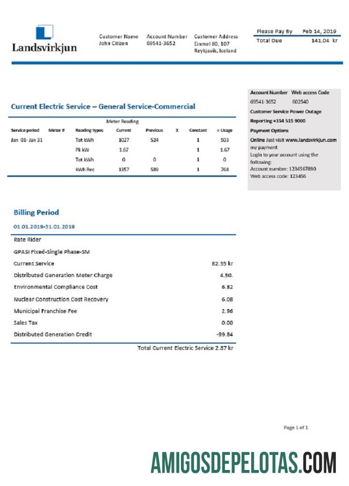 Companhia Nacional de Energia da Islândia da Islândia Landsvirkjun Conta de Serviços Públicos de Eletricidade baixar para verificação